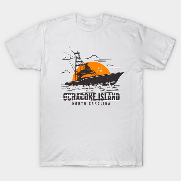 Vintage Fishing Boat Trip to Ocracoke Island, North Carolina T-Shirt by Contentarama